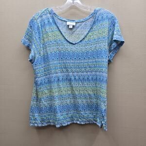 J. Jill 100% Linen Geometric Print V-Neck Short Sleeve Top Blue Green SZ Medium